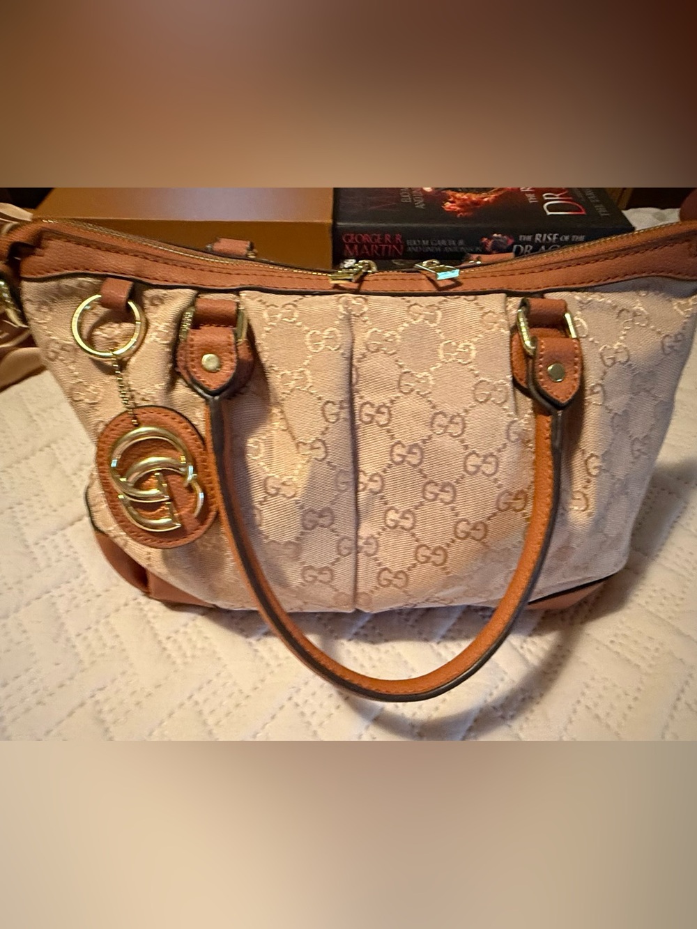 Beige and Brown Sukey Style Monogram Tote/Satchel with Gold/Brass Hardware